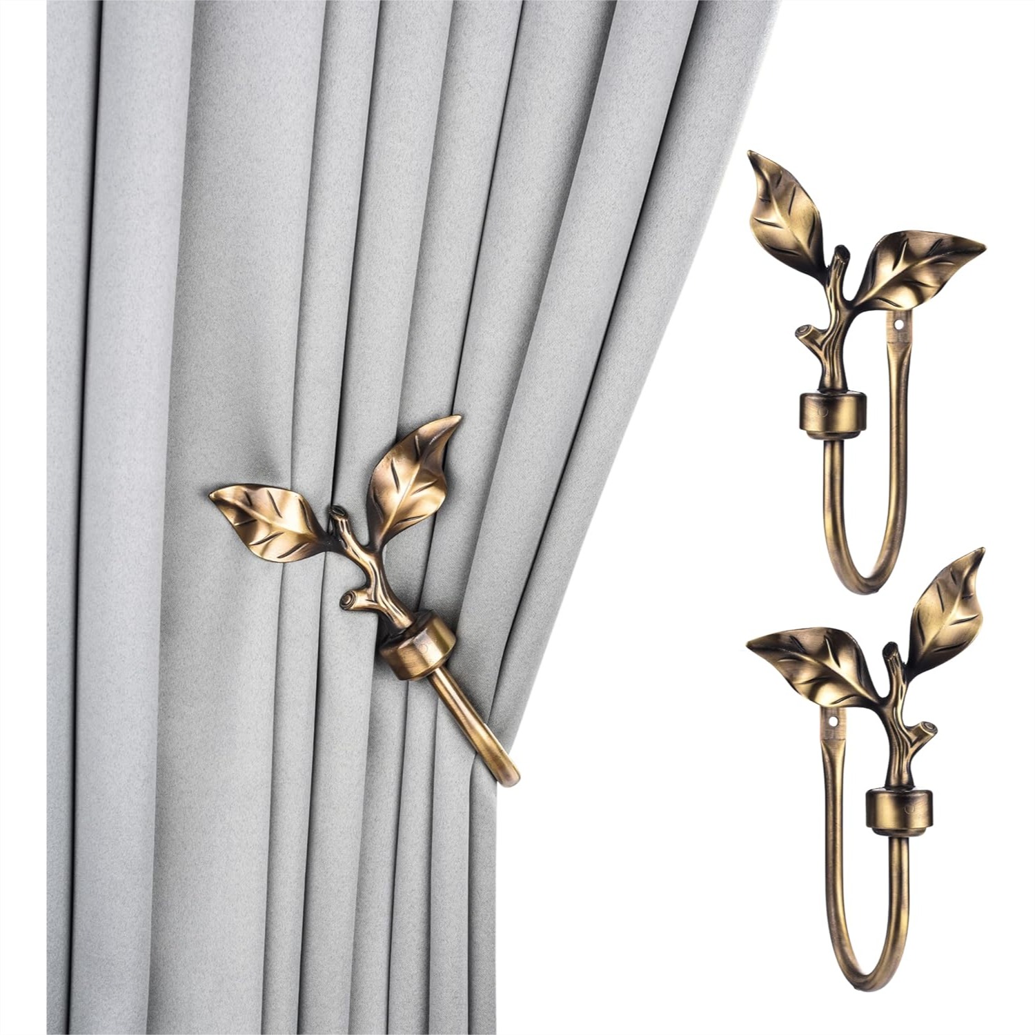 Antique Brass Hook - Leaf Shaped Curtain Holdbacks, Antique Brass